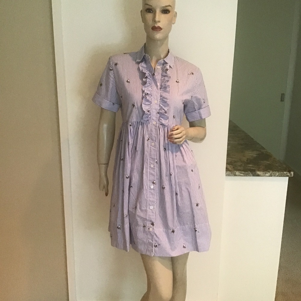 Kate Spade New York Abuzz Poplin Cotton Stripe Ruffle Shirt Dress Blue White XS